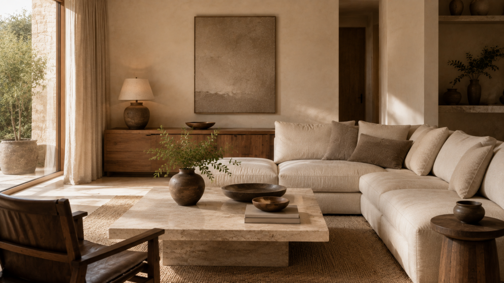 Warm neutral minimalist interior with ivory walls, taupe furniture and natural wood