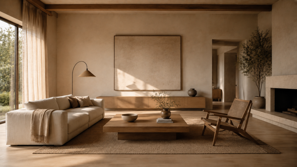 Minimalist living room with hidden cables and organized entertainment area
