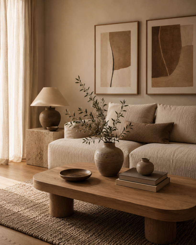 Warm minimalist apartment styling with natural oak and neutral colors