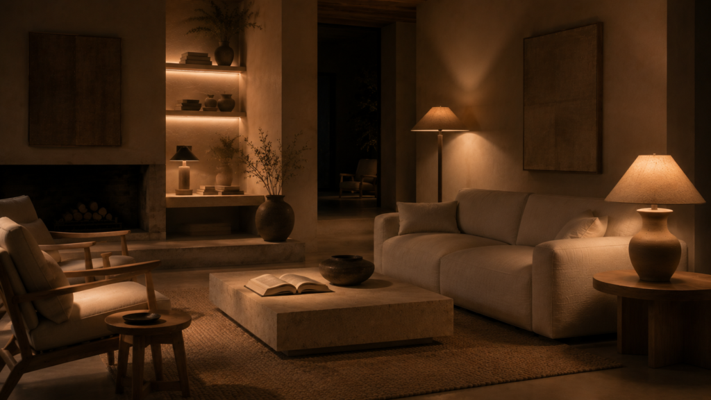 Warm minimalist living room at night with layered ambient lighting, soft shadows and intimate atmosphere