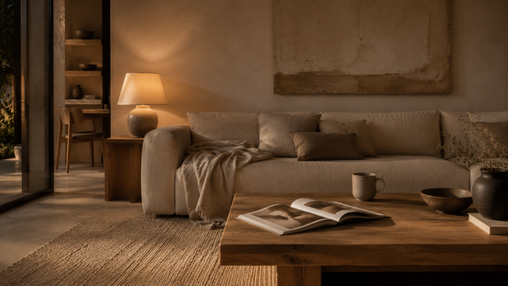 Lived-in warm minimalist living room with linen sofa, natural oak table, ceramic decor and warm ambient lighting