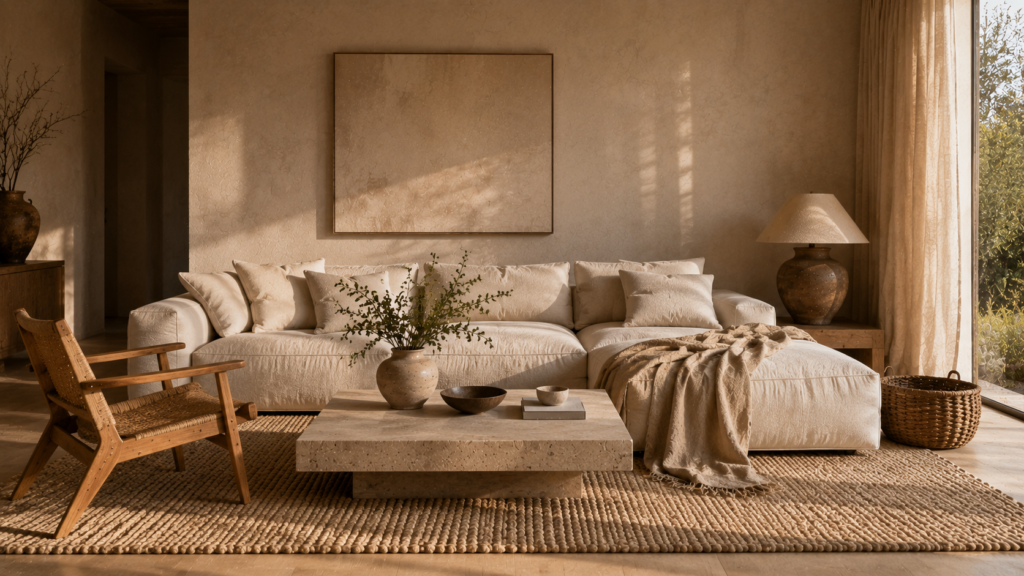 Handmade ceramic, linen, natural wood and stone textures in a minimalist interior