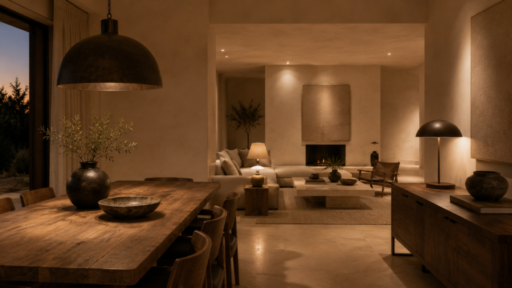 Minimalist dining room with dark neutral accents, walnut furniture and warm beige tones