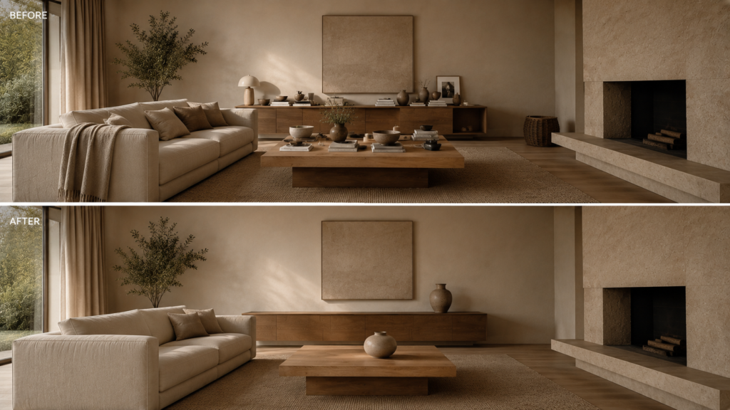 Decluttered minimalist living room with fewer objects and intentional negative space