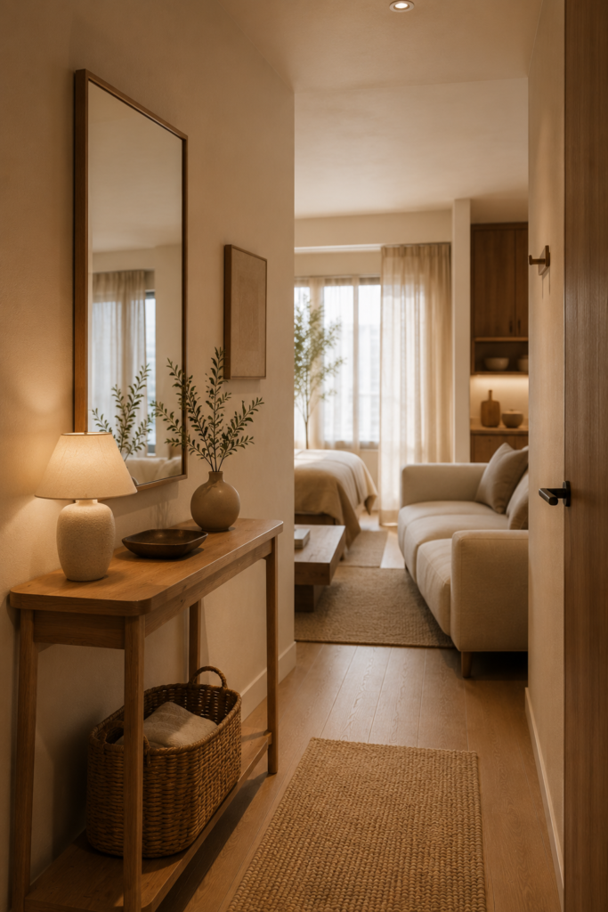 Luxury studio apartment entryway ideas with natural wood and neutral decor