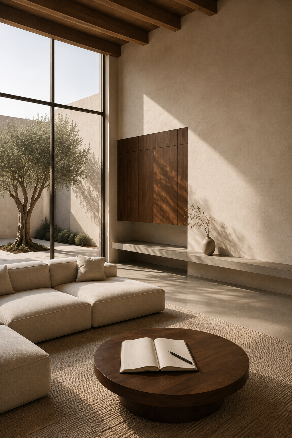 Minimalist modern living room interior with olive tree and concrete flooring