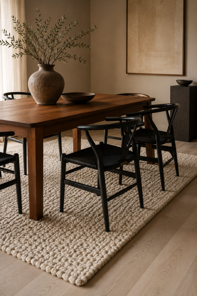 A minimalist dining room using a textured wool rug as a buffer between a warm teak dining table and cool ash wood floors