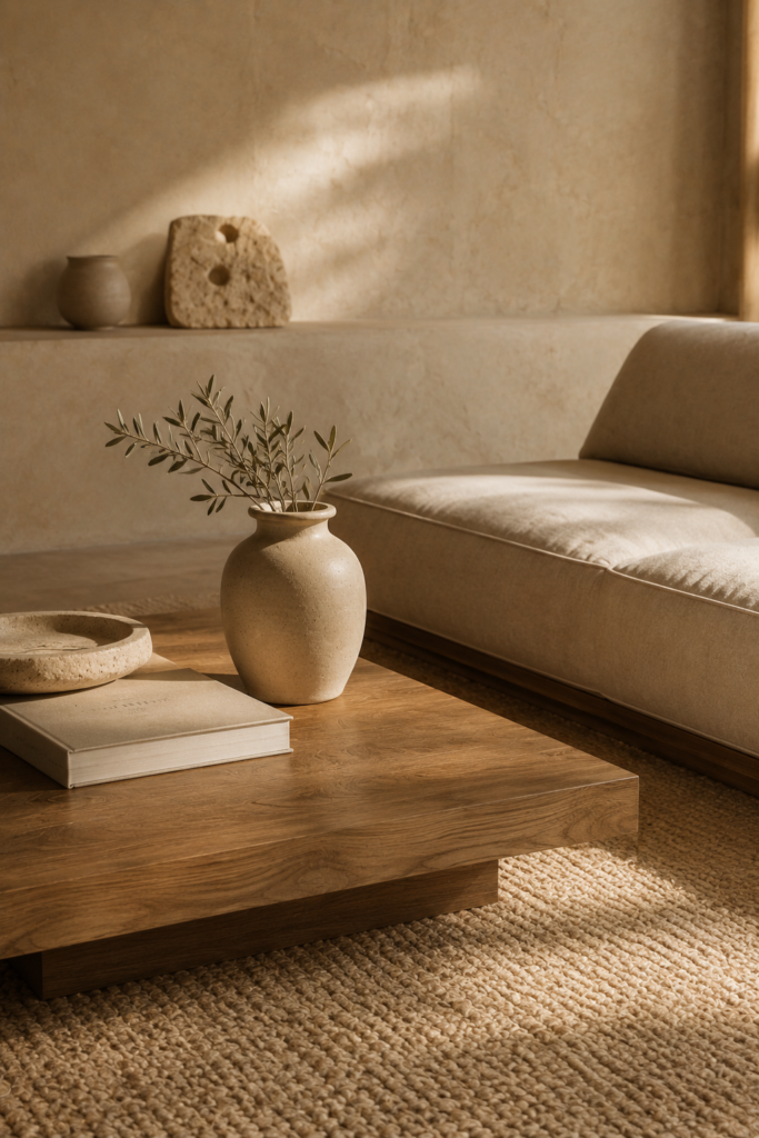 Low platform bed in a calm warm minimalist bedroom with natural linen bedding