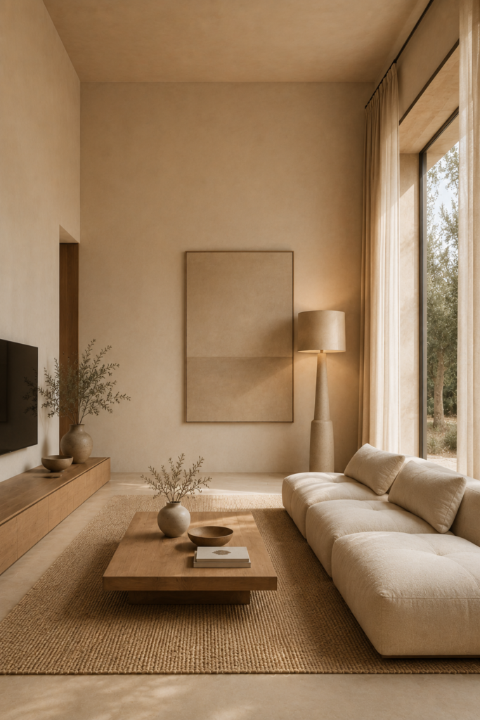 Low profile coffee table with natural wood and neutral minimalist decor