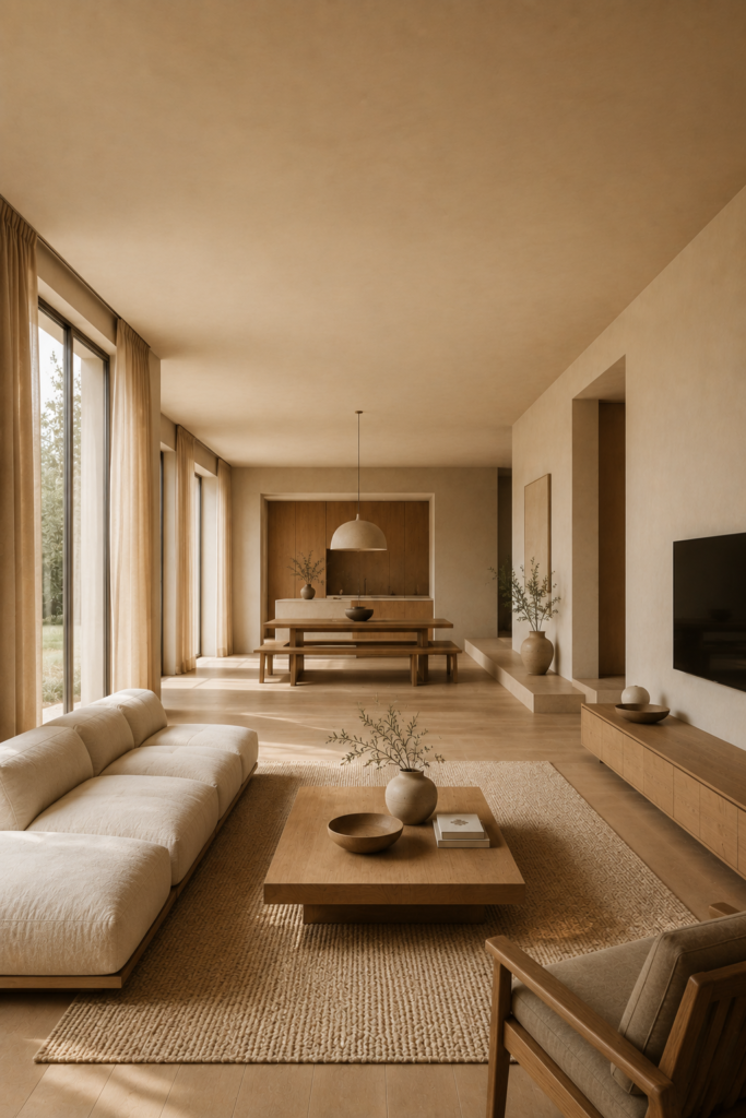 Warm minimalist living room featuring low furniture and organic natural materials