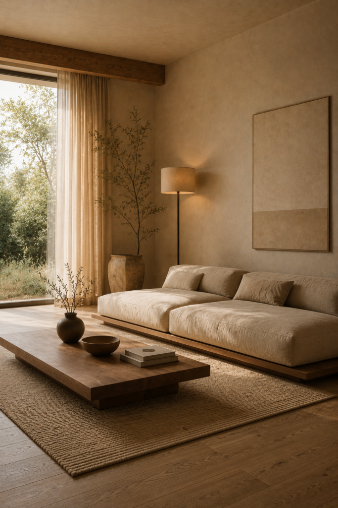 Low profile furniture balanced with vertical elements in a minimalist interior