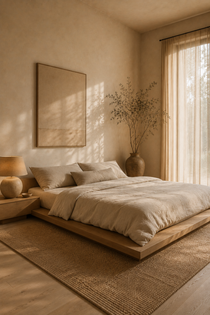 Low profile furniture and layered lighting in a warm minimalist bedroom