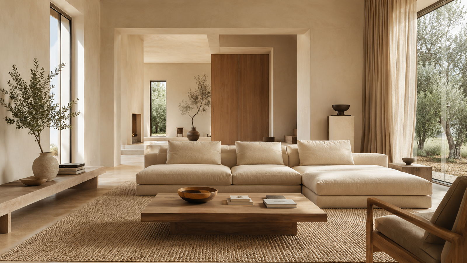 Low profile furniture in a warm minimalist living room with natural textures