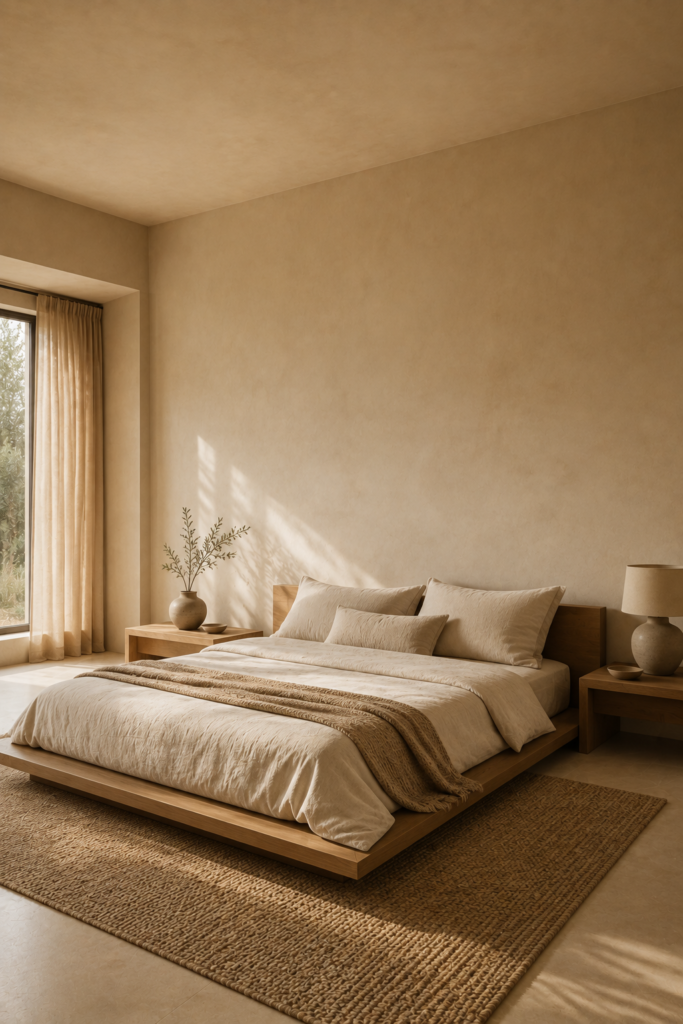 Low linen sofa in a sophisticated warm minimalist living room