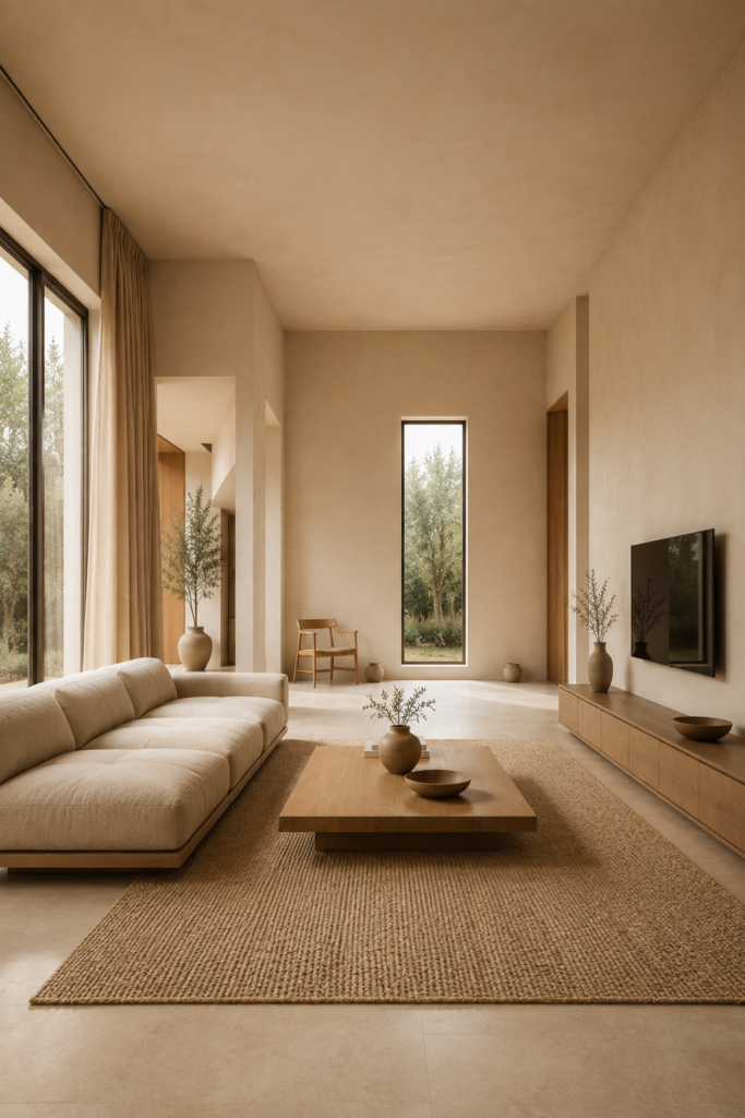 Warm minimalist interior with a low visual horizon and uncluttered design