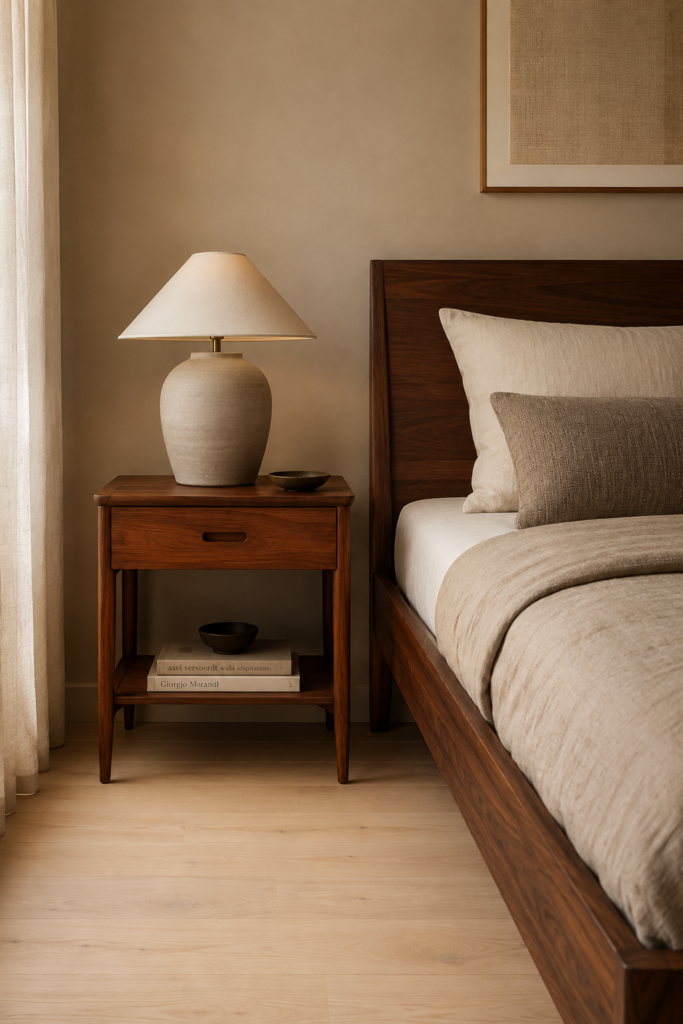 A warm minimalist bedroom interior showing a dark walnut bed frame paired with a vintage teak side table on light maple floors