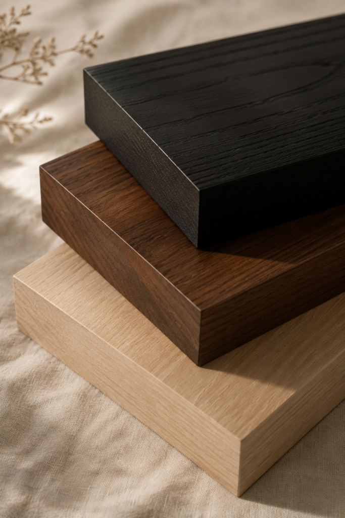 Three wood swatches showing white oak walnut and ebonized black wood to explain matching undertones in interior design
