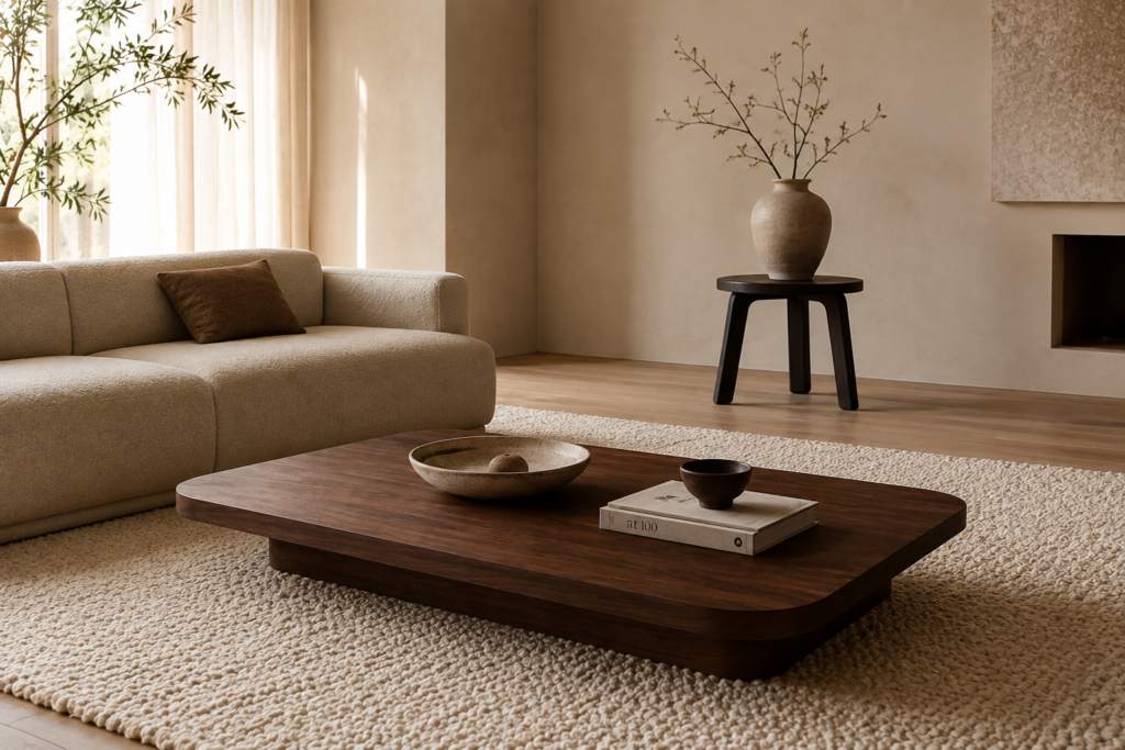A warm minimalist living room demonstrating how to mix wood tones with white oak flooring and a walnut coffee table