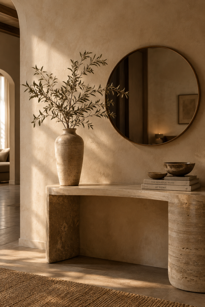 How to style a minimalist console with an asymmetrical ceramic vase, dried olive branch, and off center mirror