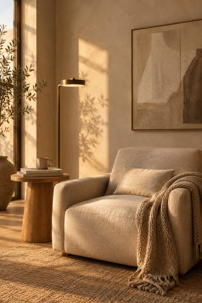 Making minimalist decor feel cozy with a linen armchair, oak side table, and warm floor lamp reading corner
