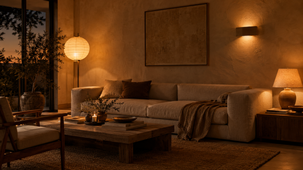 Layered warm lighting in a minimalist living room with floor lamp, table lamp, and wall sconce