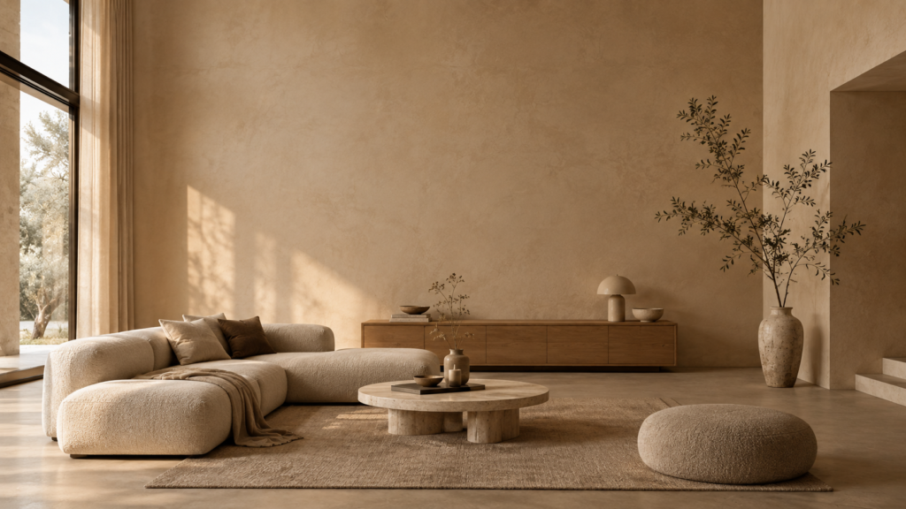 Low profile minimalist interior design with a bouclé sofa, travertine coffee table, and high ceiling