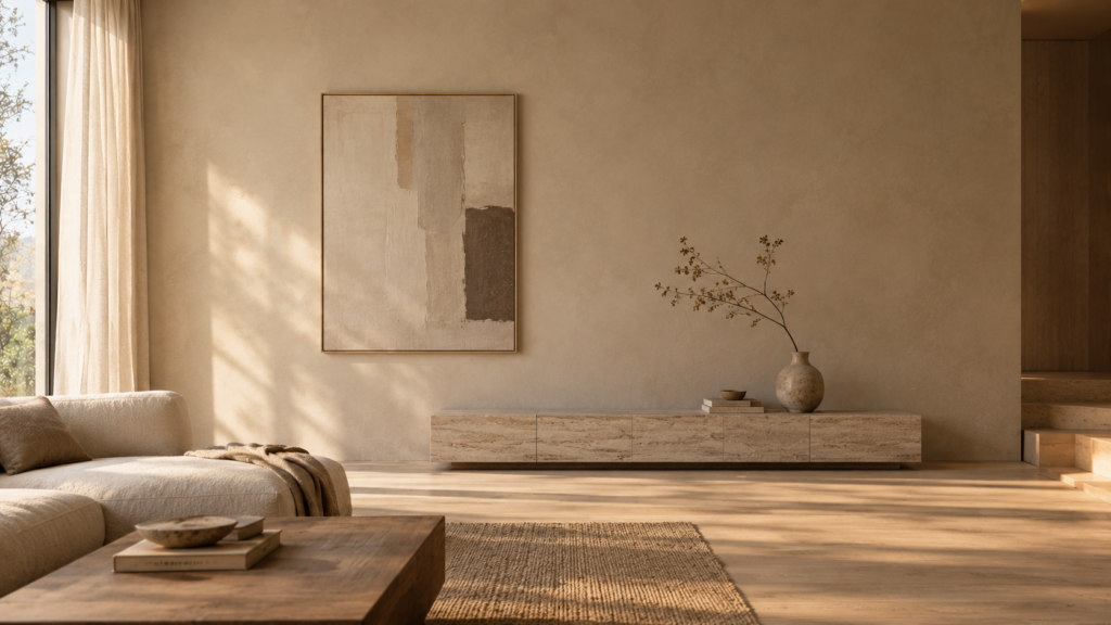 Minimalist living room with curated negative space, a single abstract canvas, and a travertine console