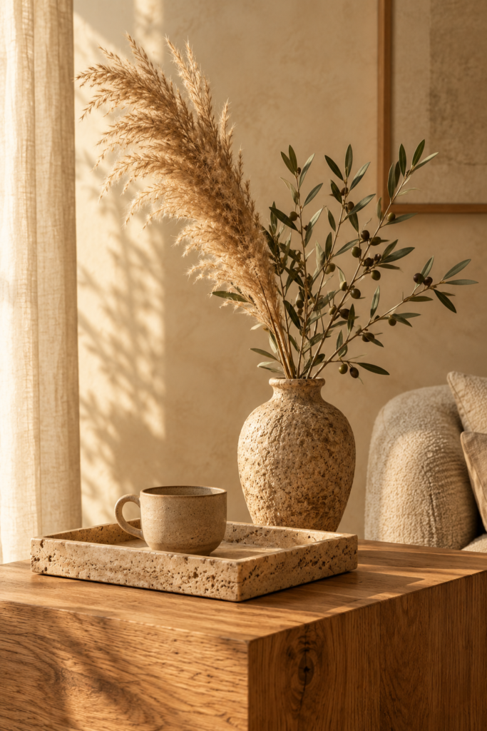 Modern organic interior styling with a travertine tray, dried pampas grass, and oak side table