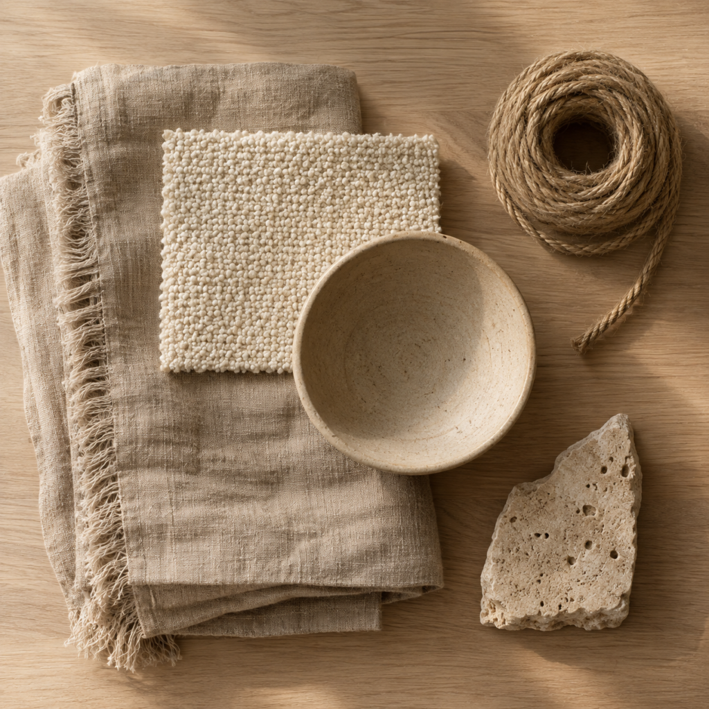 Tactile layering in minimalist decor with linen throw, bouclé fabric, stoneware bowl, jute, and travertine