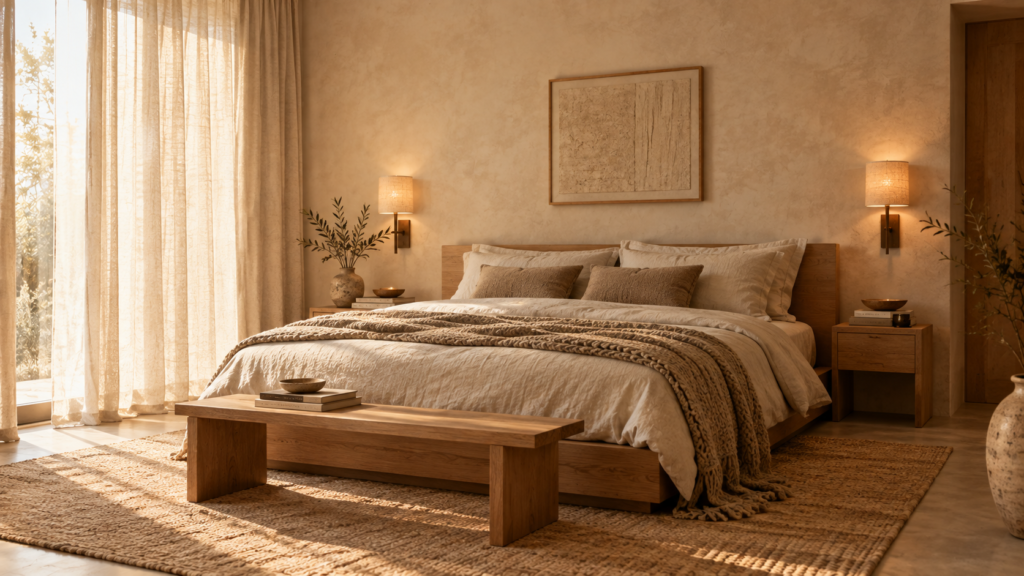 Cozy minimalist bedroom with stonewashed linen bedding, oak platform bed, and warm wall sconces