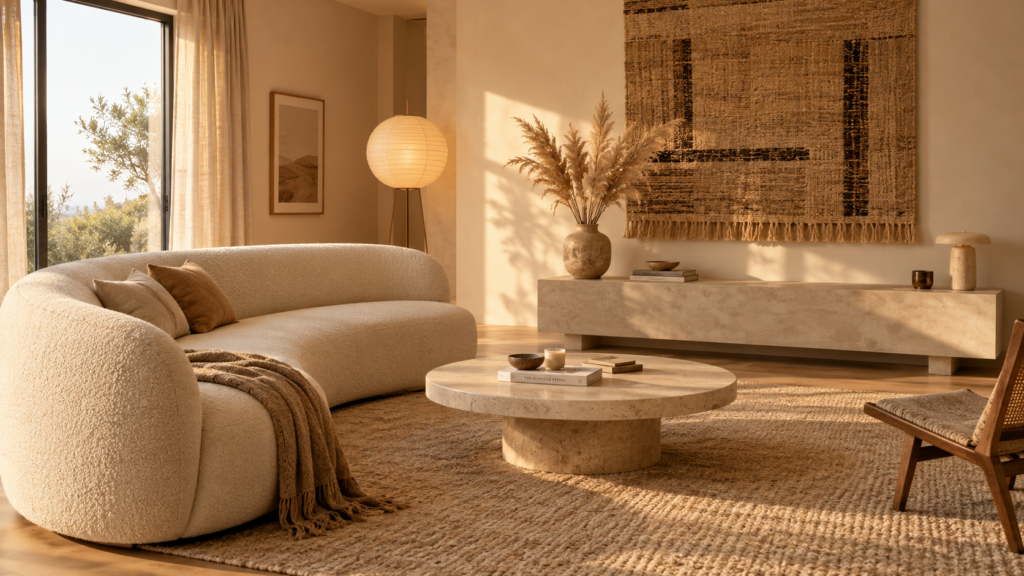 Warm minimalist living room without a TV wall, featuring a curved bouclé sofa and woven wall hanging