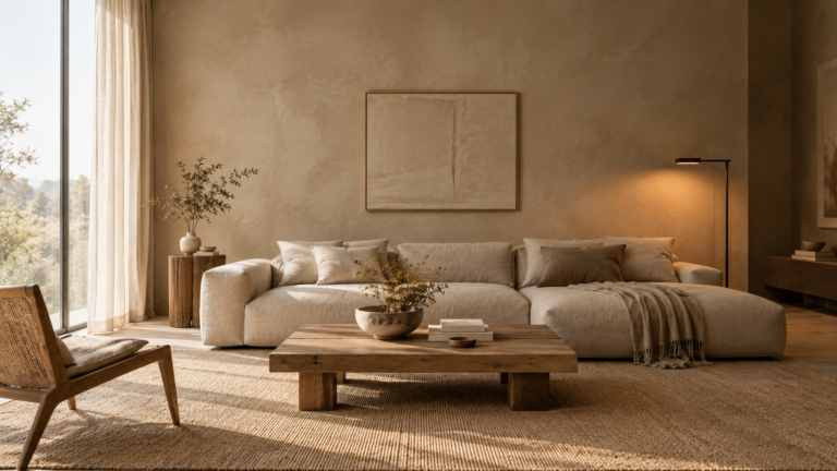 Warm minimalist interior design living room with oatmeal linen sofa, limewashed wall, and soft amber floor lamp